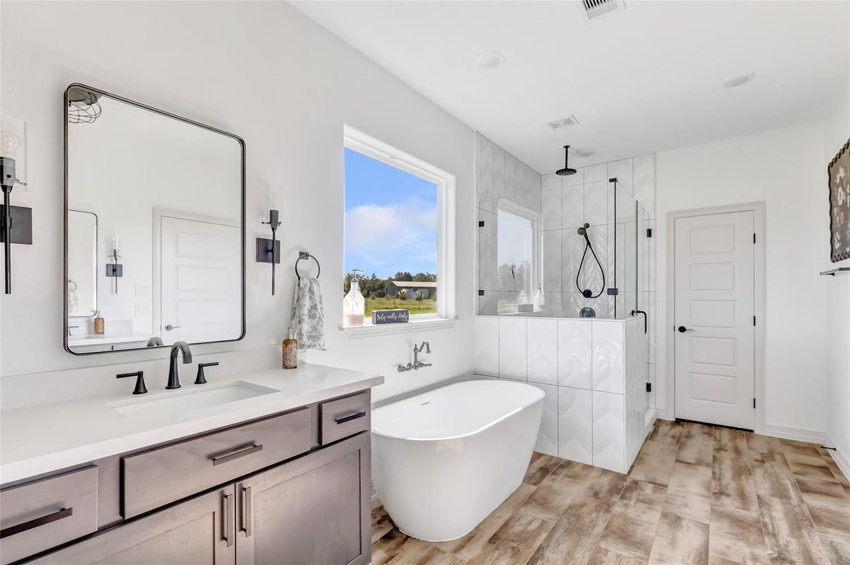 Bathroom, Dual Sink Vanities, Free Standing Baths, Glass Shower, Interior, Recessed Lighting