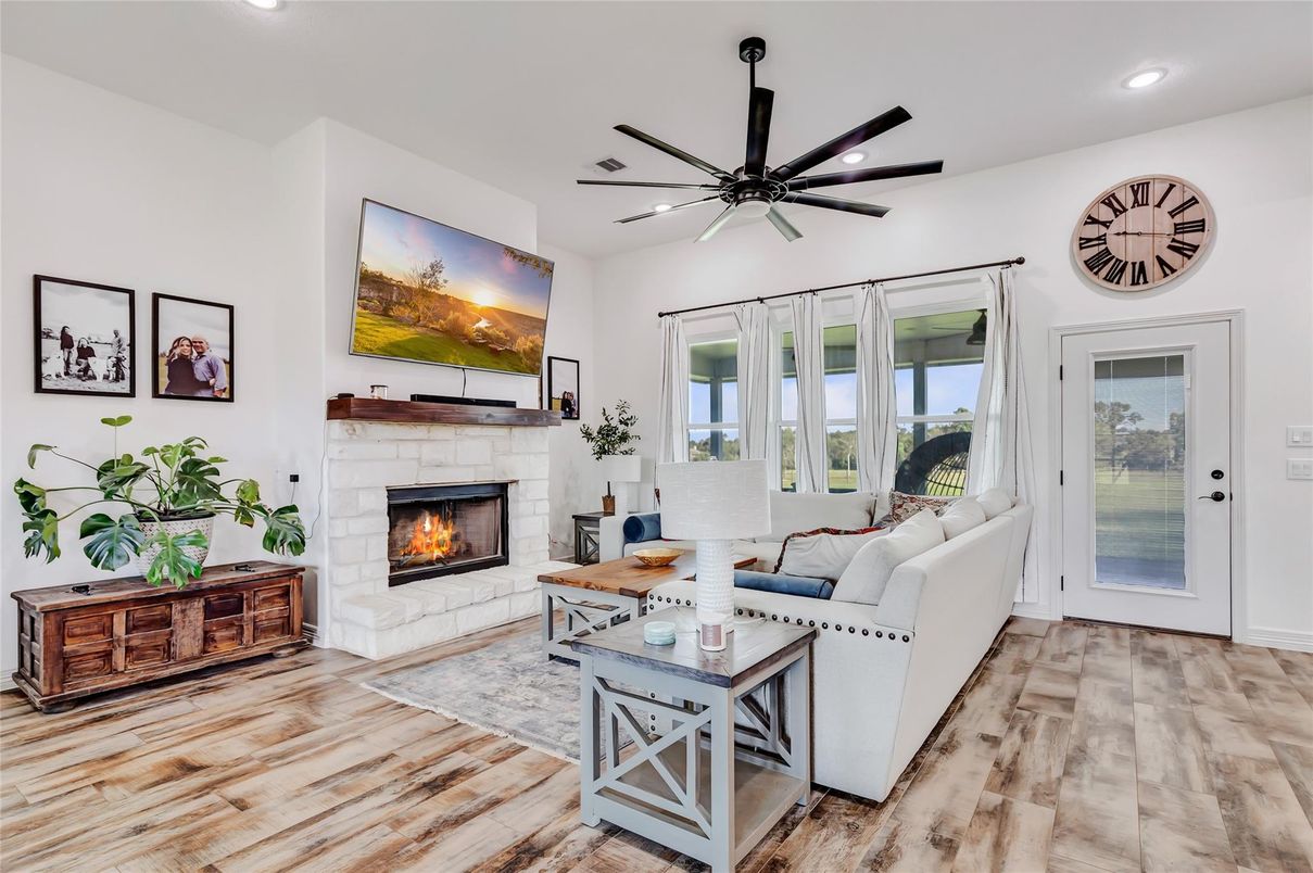 Fireplace, Interior, Living room, Recessed Lighting, Wood Texture Flooring