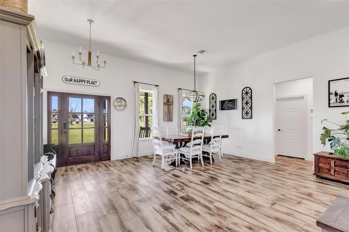 Dining room, Interior, Pendant Lights, Wood Texture Flooring