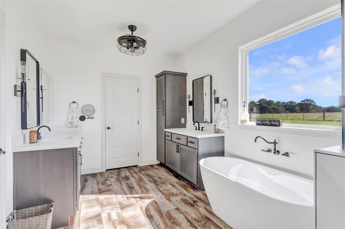Bathroom, Dual Sink Vanities, Free Standing Baths, Interior, Wood Texture Flooring