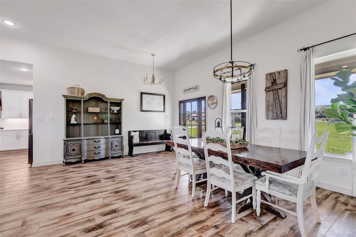 Dining room, Interior, Pendant Lights, Recessed Lighting, Wood Texture Flooring