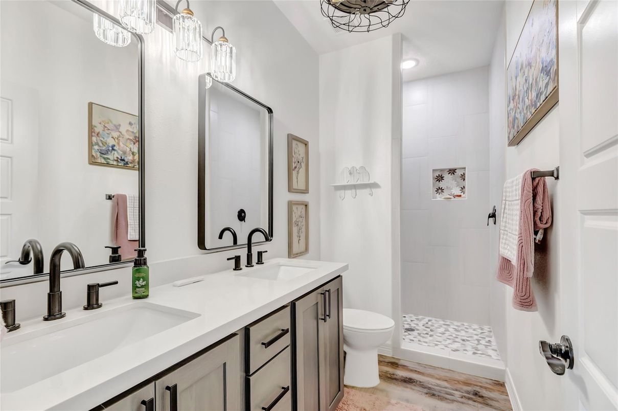 Bathroom, Dual Sink Vanities, Interior, Recessed Lighting, Wood Texture Flooring