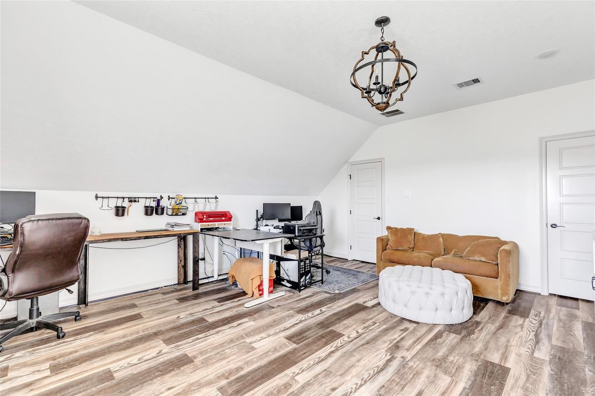 Chandelier, Home Office, Interior, Pendant Lights, Wood Texture Flooring