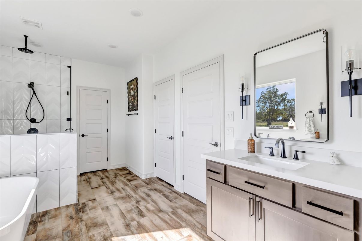 Bathroom, Dual Sink Vanities, Free Standing Baths, Interior, Wood Texture Flooring