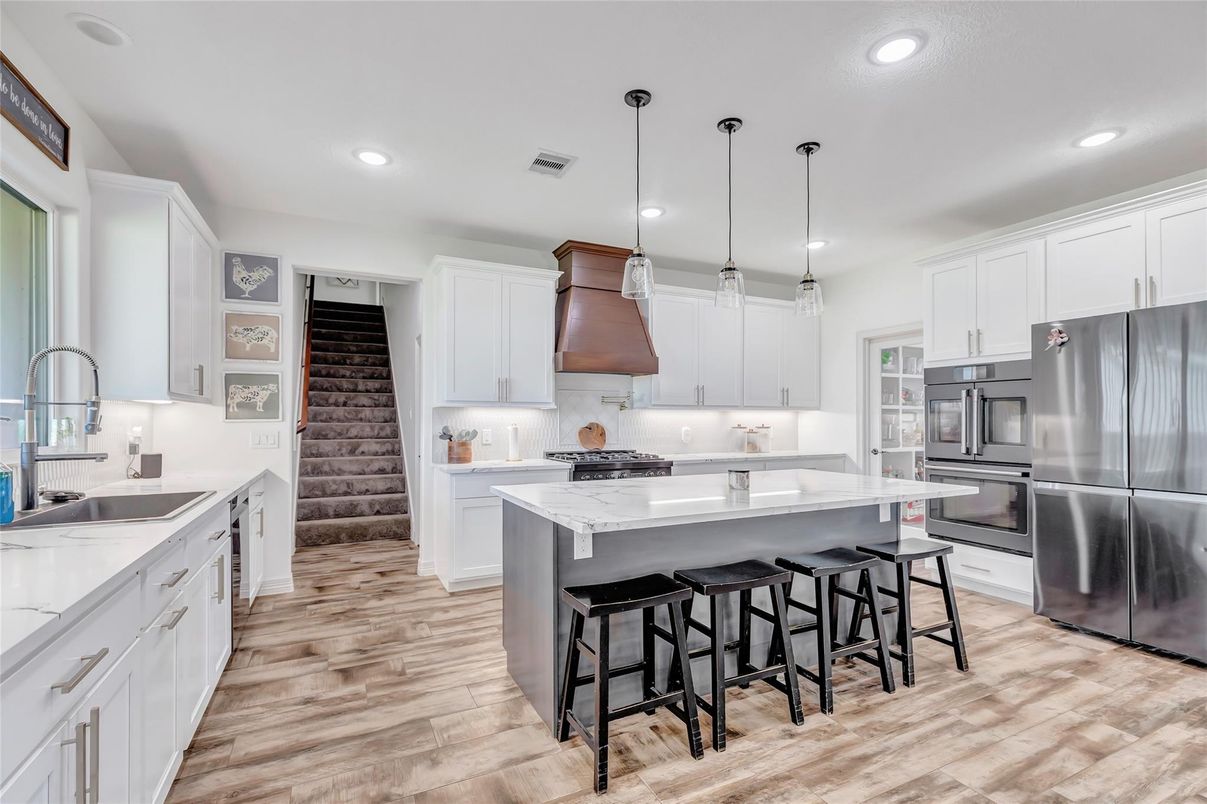 Interior, Kitchen, Pendant Lights, Recessed Lighting, Stainless Steel Appliances, Wood Texture Flooring