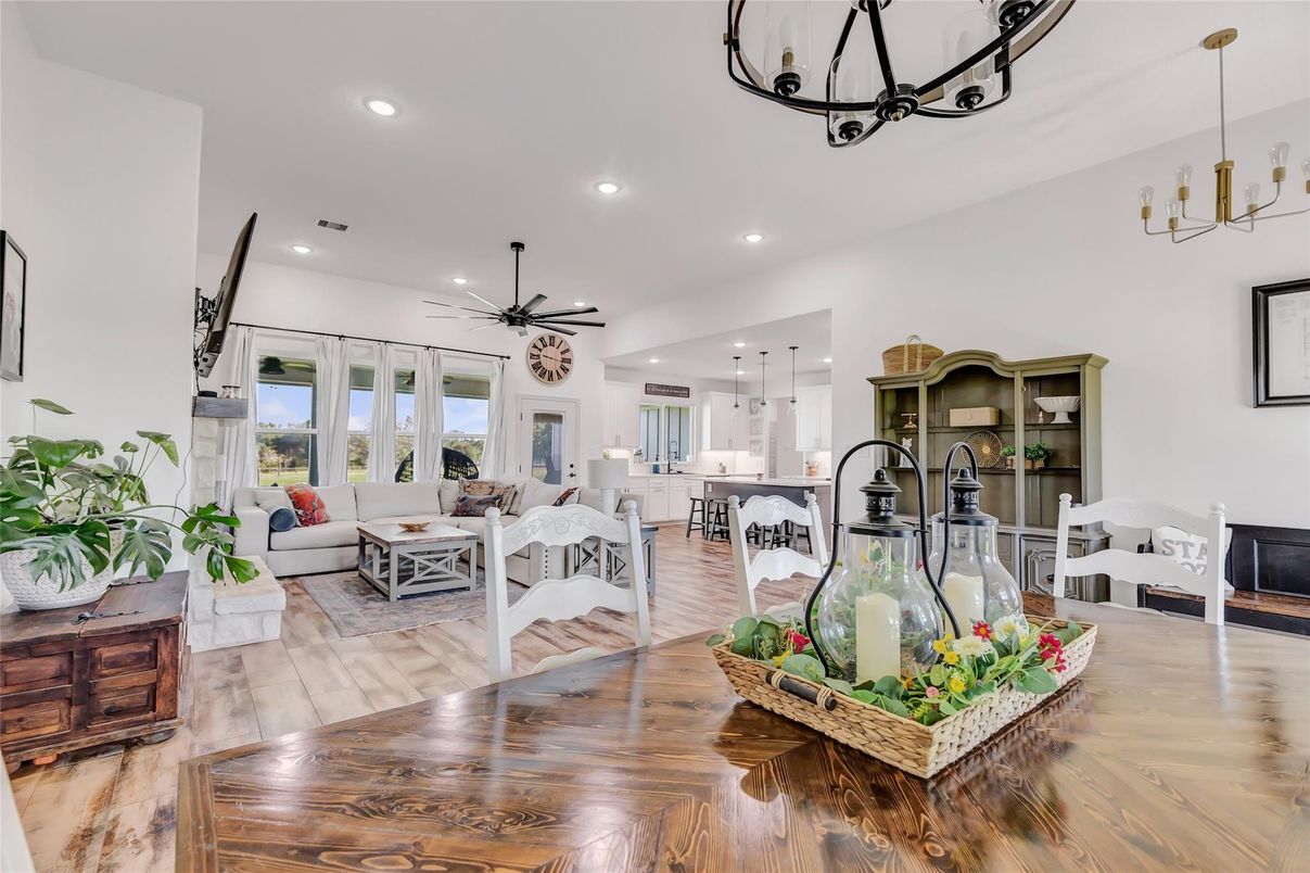 Dining room, Interior, Kitchen, Living room, Pendant Lights, Recessed Lighting, Wood Texture Flooring