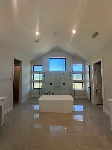 Bathroom, Free Standing Baths, Glass Shower, Interior, Recessed Lighting