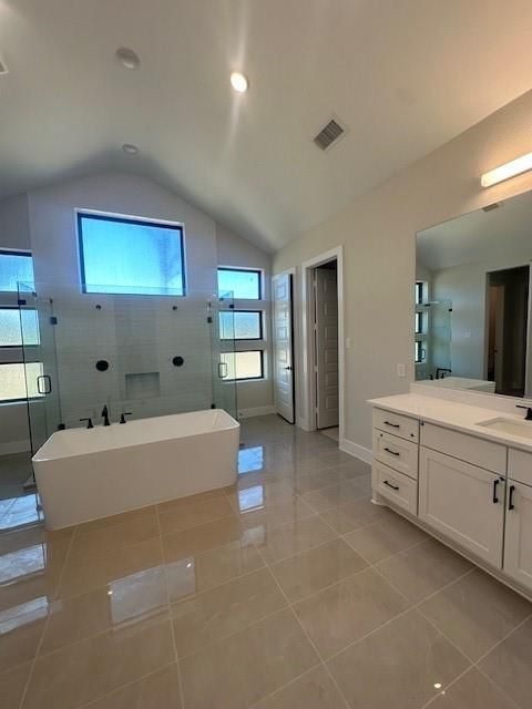 Bathroom, Dual Sink Vanities, Free Standing Baths, Glass Shower, Interior, Recessed Lighting