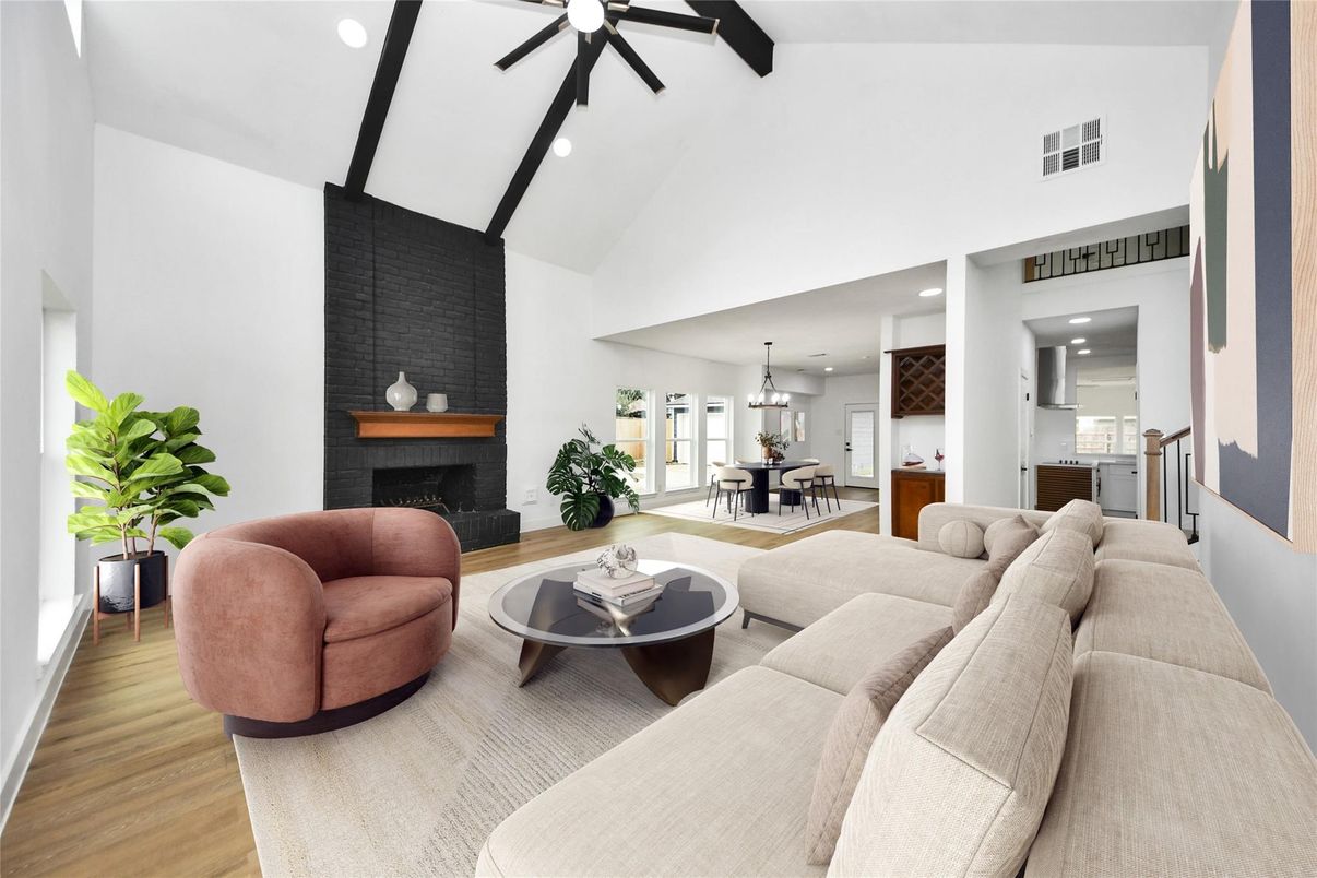 Dining room, Fireplace, Interior, Kitchen, Living room, Pendant Lights, Recessed Lighting, Wood Texture Flooring