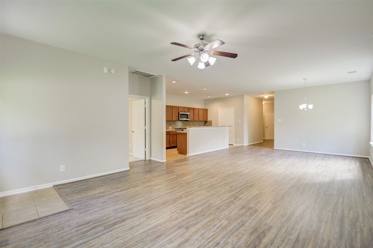 Empty room, Interior, Kitchen, Pendant Lights, Recessed Lighting, Wood Texture Flooring