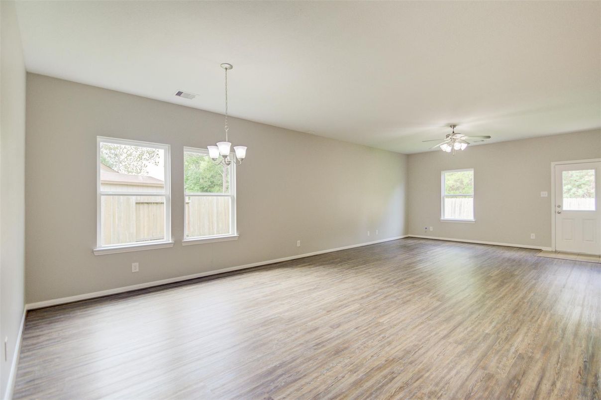 Chandelier, Empty room, Interior, Pendant Lights, Wood Texture Flooring