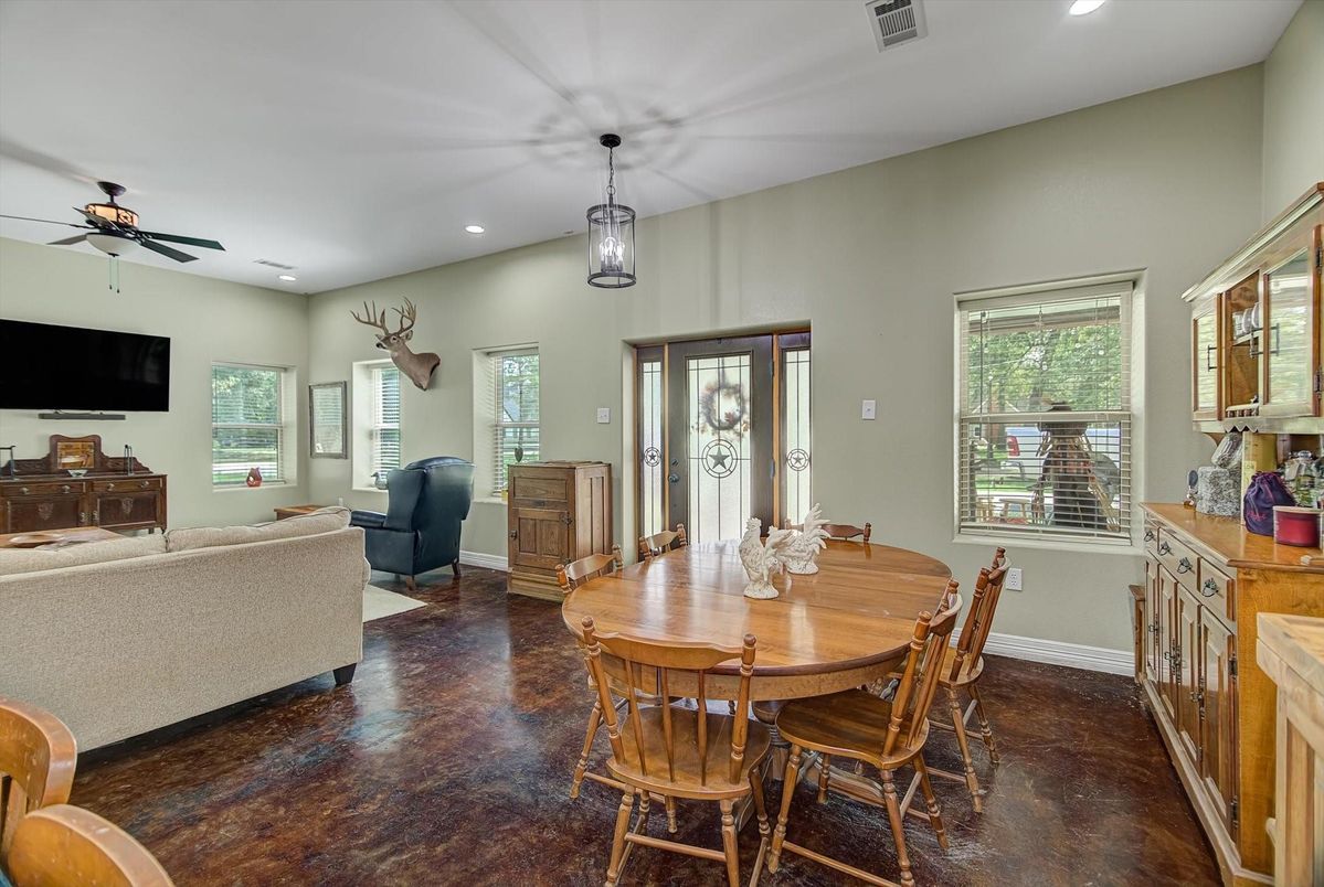Dining room, Interior, Living room, Pendant Lights, Recessed Lighting, Wood Texture Flooring