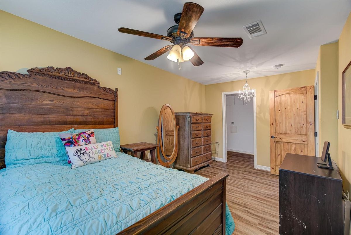 Bedroom, Chandelier, Interior, Wood Texture Flooring
