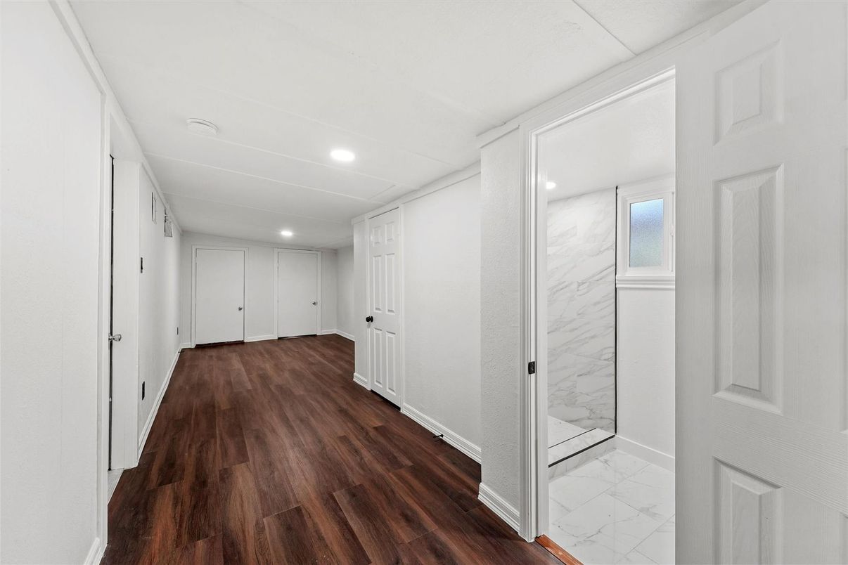 Interior, Marble, Marble Walls, Recessed Lighting, Wood Texture Flooring