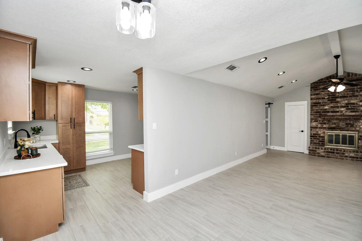 Empty room, Fireplace, Interior, Recessed Lighting, Wood Texture Flooring