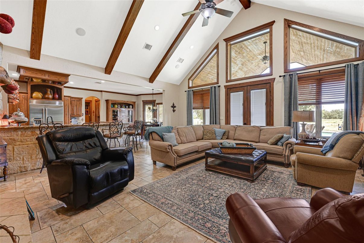 Dining room, Interior, Living room, Recessed Lighting, Wooden Beams