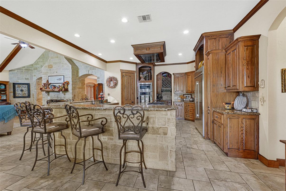Interior, Kitchen, Recessed Lighting, Stone Walls