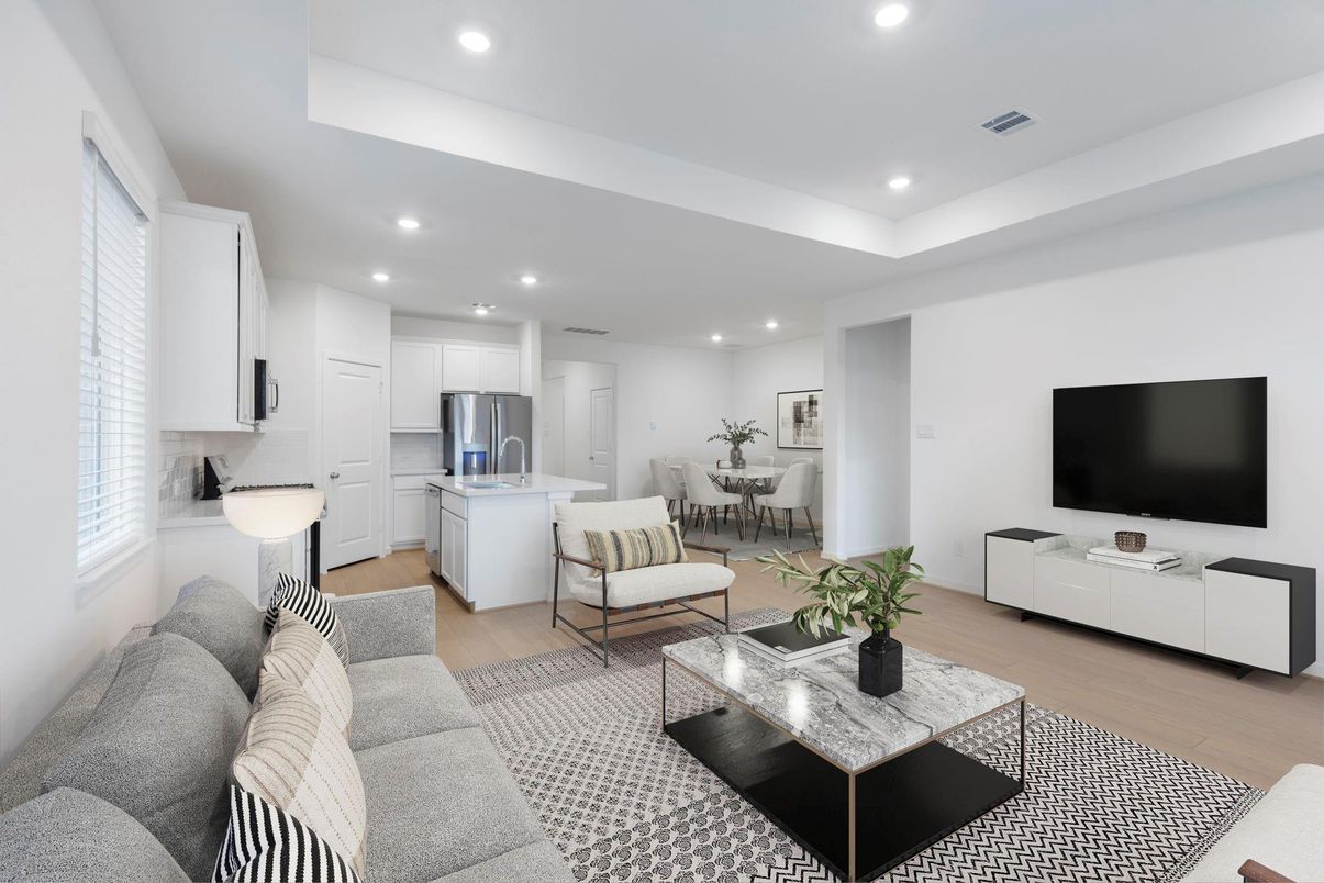 Dining room, Interior, Kitchen, Living room, Recessed Lighting, Stainless Steel Appliances, Wood Texture Flooring