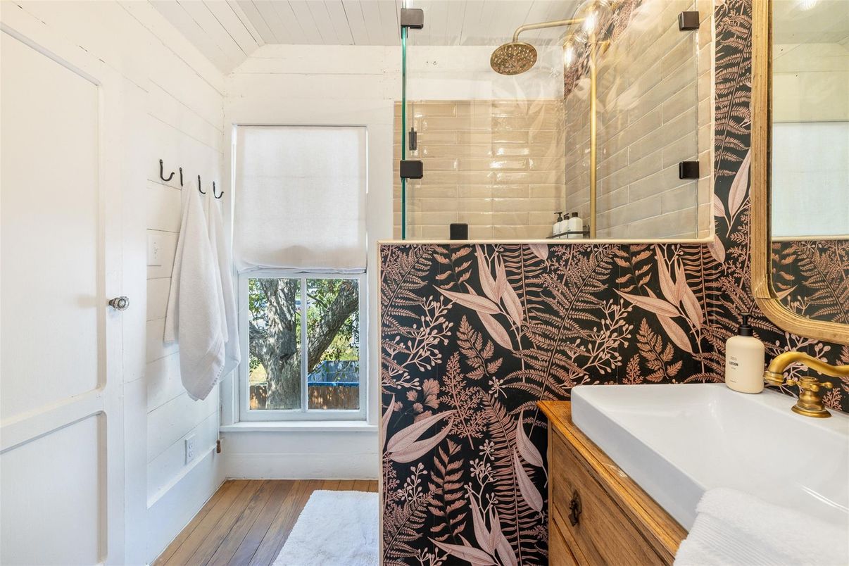 Bathroom, Glass Shower, Interior, Wood Texture Flooring
