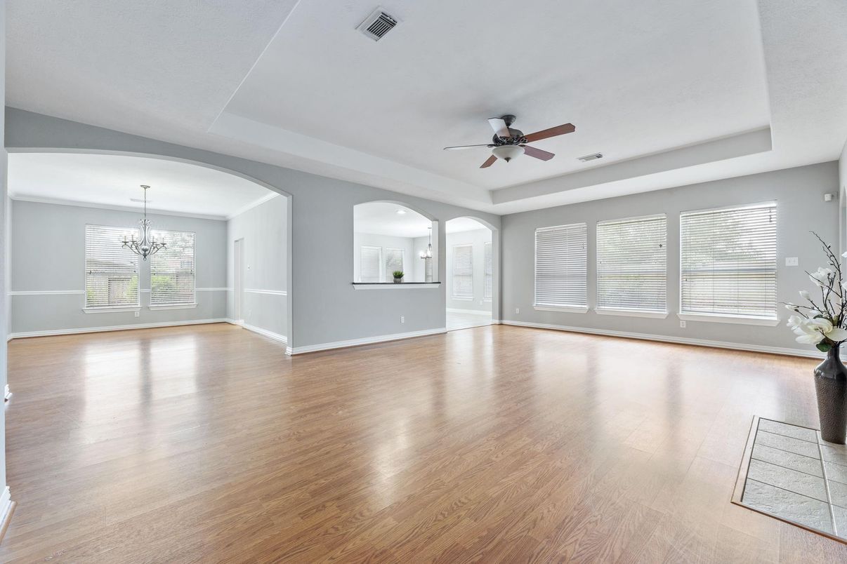 Chandelier, Empty room, Interior, Recessed Lighting, Wood Texture Flooring