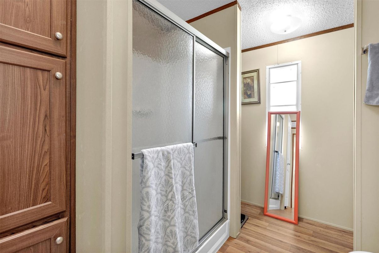 Bathroom, Glass Shower, Interior, Wood Texture Flooring