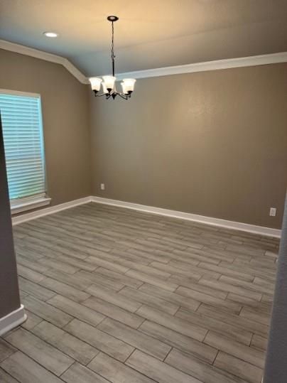 Chandelier, Empty room, Interior, Recessed Lighting, Wood Texture Flooring