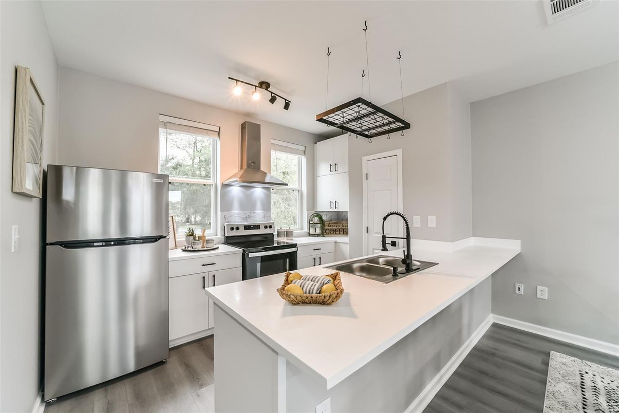 Interior, Kitchen, Pendant Lights, Stainless Steel Appliances, Wood Texture Flooring