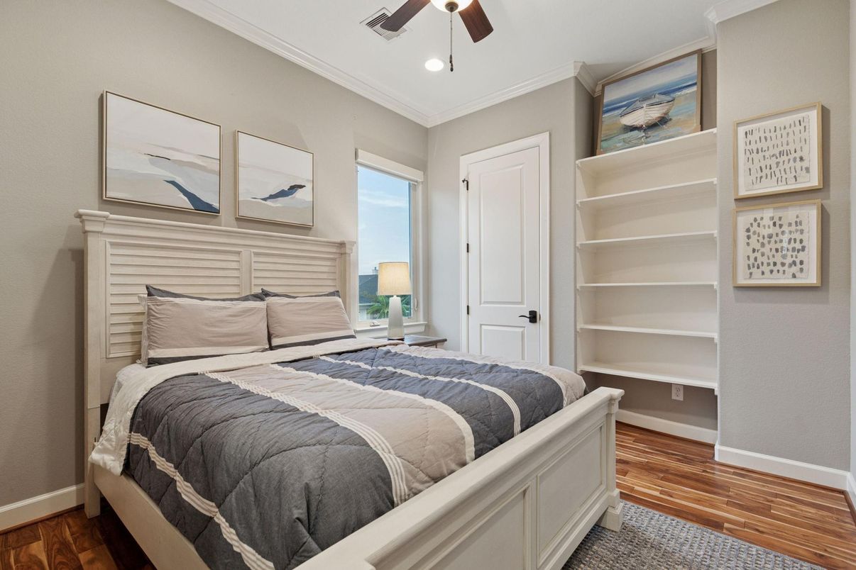 Bedroom, Interior, Recessed Lighting, Wood Texture Flooring