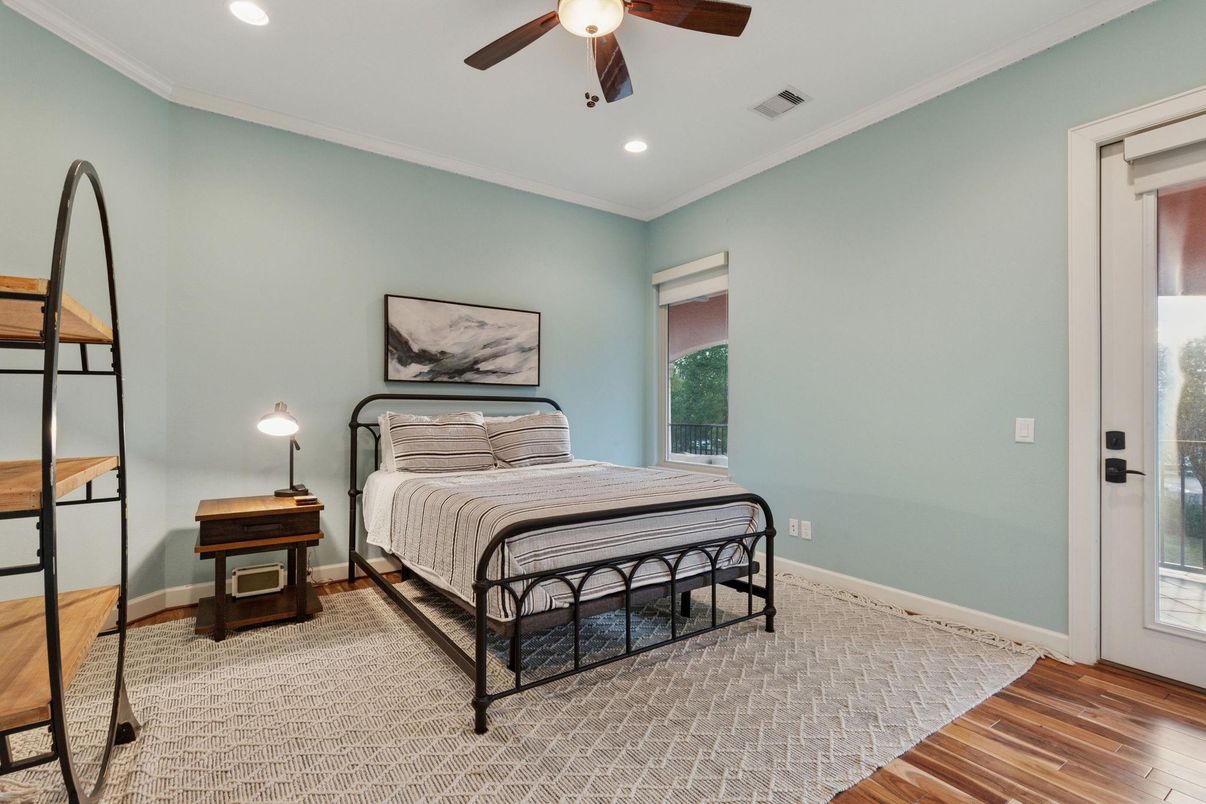 Bedroom, Interior, Recessed Lighting, Wood Texture Flooring