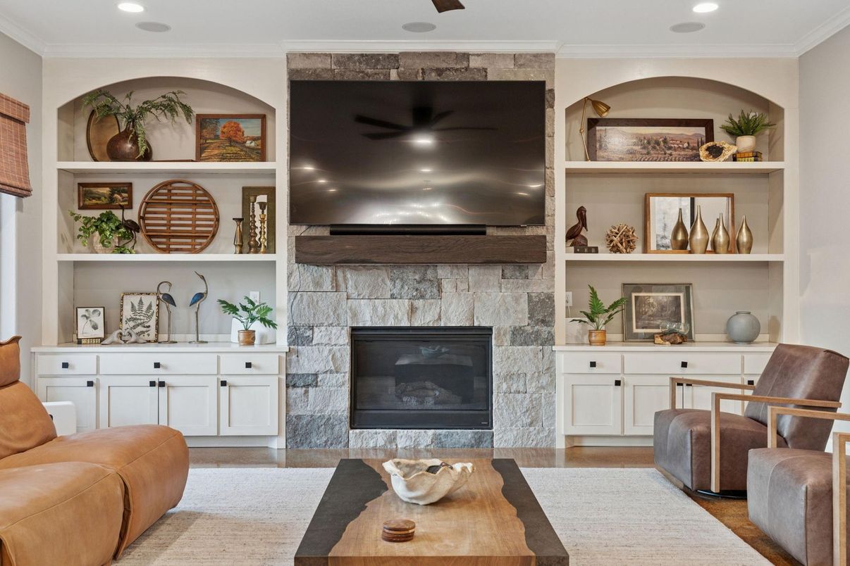 Fireplace, Interior, Recessed Lighting, Wood Texture Flooring