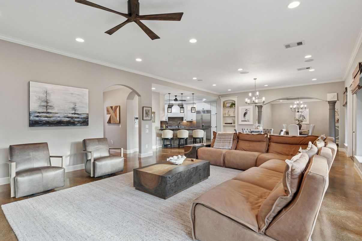 Chandelier, Dining room, Interior, Kitchen, Living room, Pendant Lights, Recessed Lighting, Wood Texture Flooring