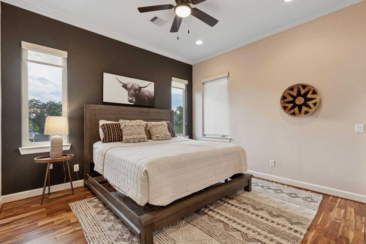 Bedroom, Interior, Recessed Lighting, Wood Texture Flooring