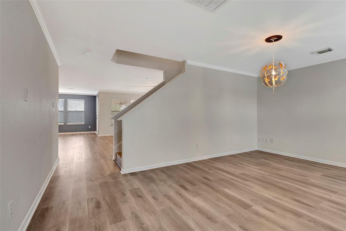 Empty room, Interior, Pendant Lights, Wood Texture Flooring