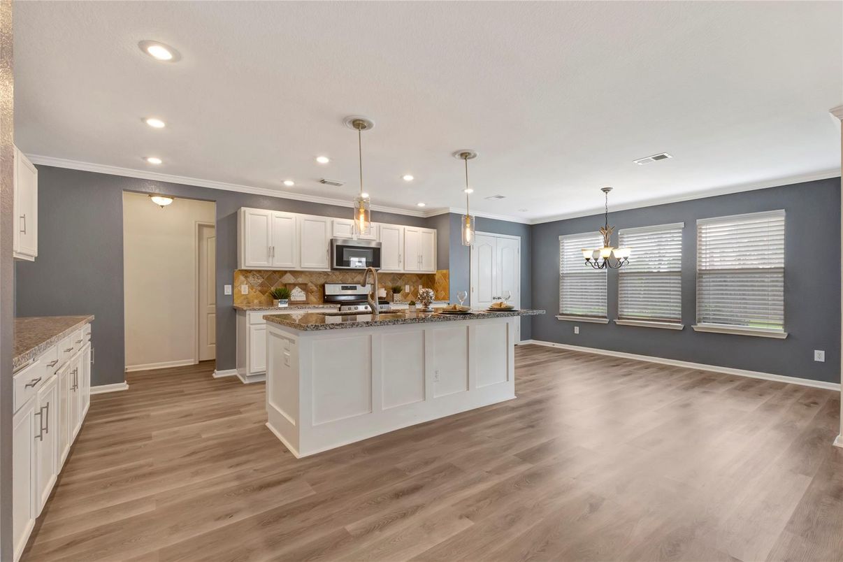 Chandelier, Interior, Kitchen, Pendant Lights, Recessed Lighting, Wood Texture Flooring