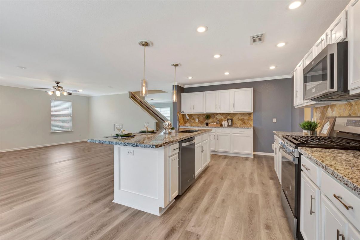 Interior, Kitchen, Pendant Lights, Recessed Lighting, Wood Texture Flooring