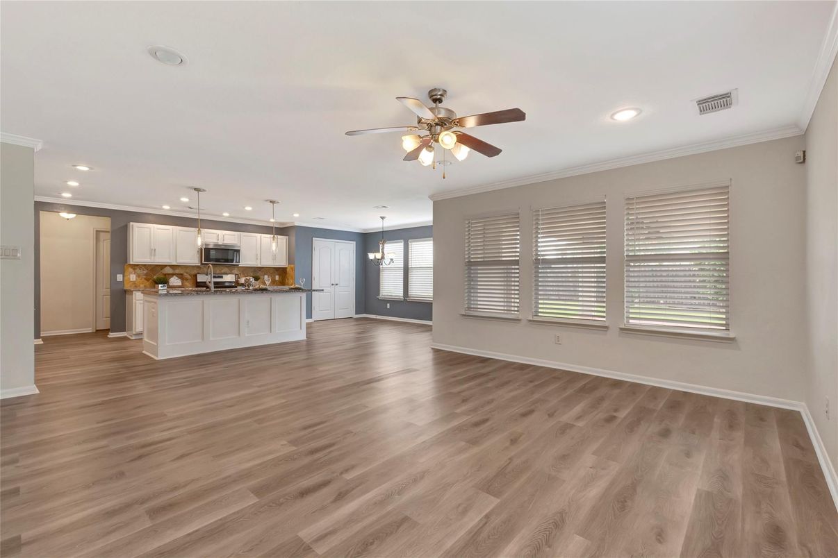 Empty room, Interior, Kitchen, Pendant Lights, Recessed Lighting, Wood Texture Flooring
