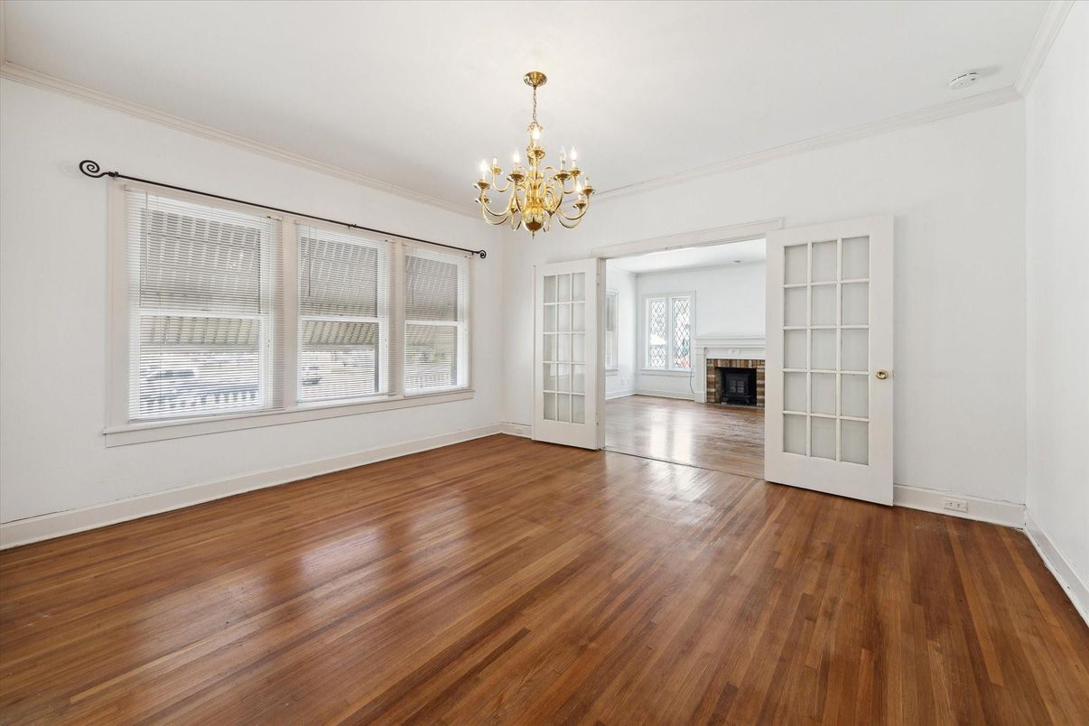 Chandelier, Empty room, Fireplace, Interior, Wood Texture Flooring