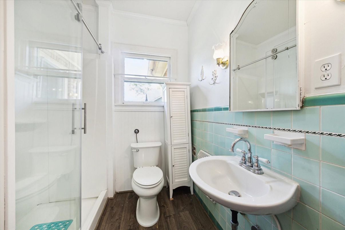 Bathroom, Glass Shower, Interior, Wood Texture Flooring