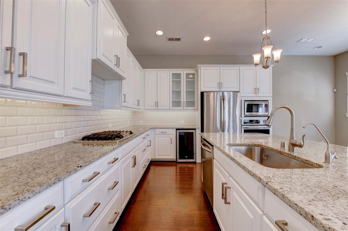 Interior, Kitchen, Pendant Lights, Recessed Lighting, Stainless Steel Appliances, Wood Texture Flooring