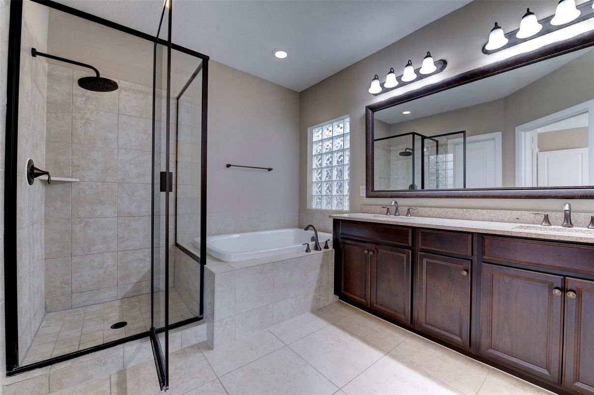 Bathroom, Dual Sink Vanities, Glass Shower, Interior, Recessed Lighting
