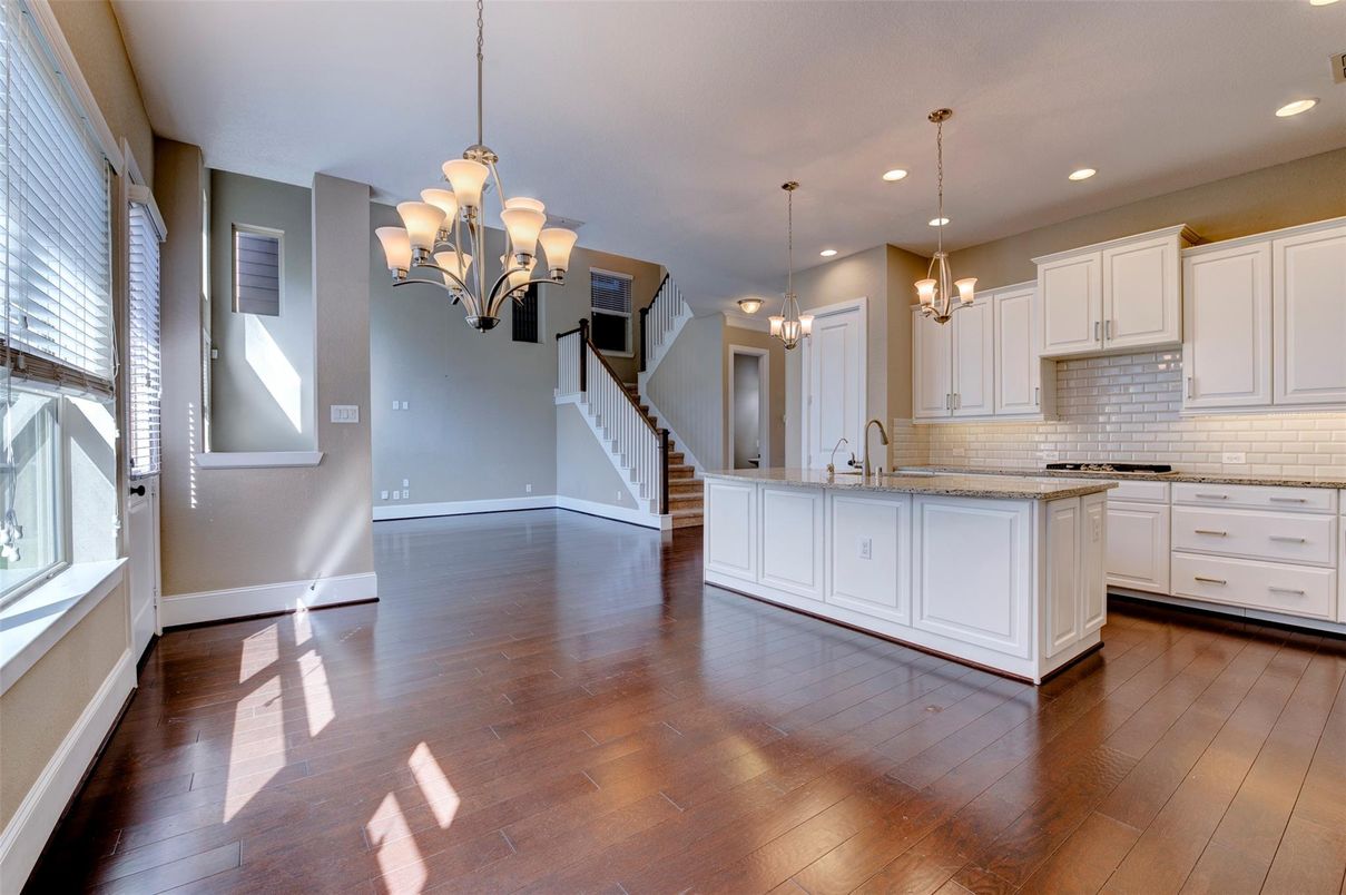 Chandelier, Interior, Kitchen, Pendant Lights, Recessed Lighting, Wood Texture Flooring