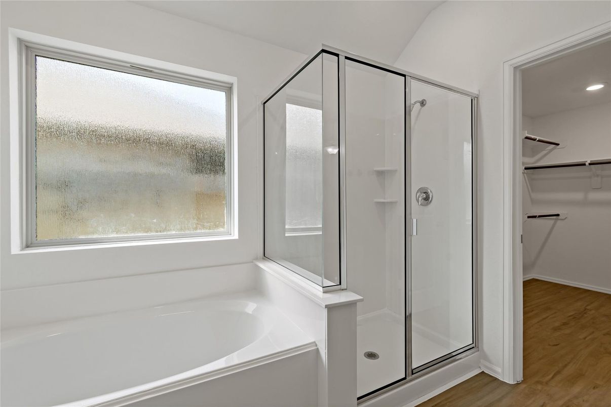 Bathroom, Glass Shower, Interior, Recessed Lighting, Wood Texture Flooring