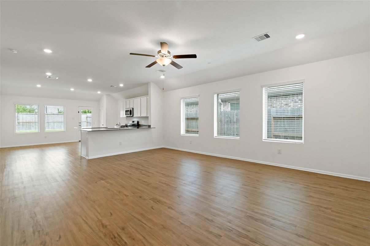 Empty room, Interior, Kitchen, Recessed Lighting, Wood Texture Flooring
