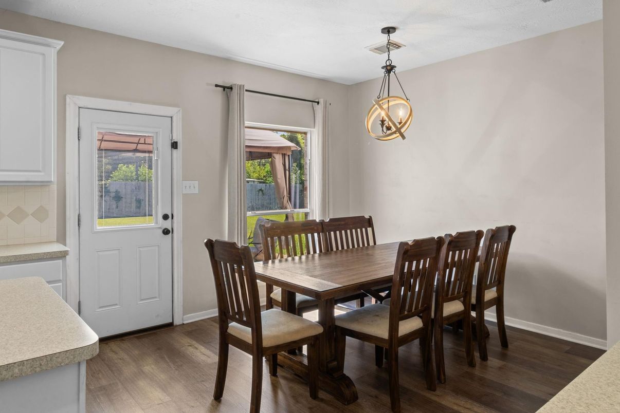 Dining room, Interior, Pendant Lights, Wood Texture Flooring