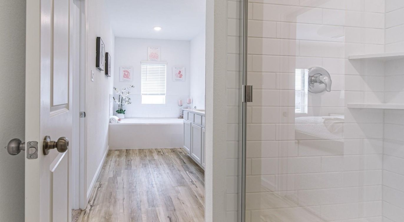 Bathroom, Glass Shower, Interior, Recessed Lighting, Wood Texture Flooring