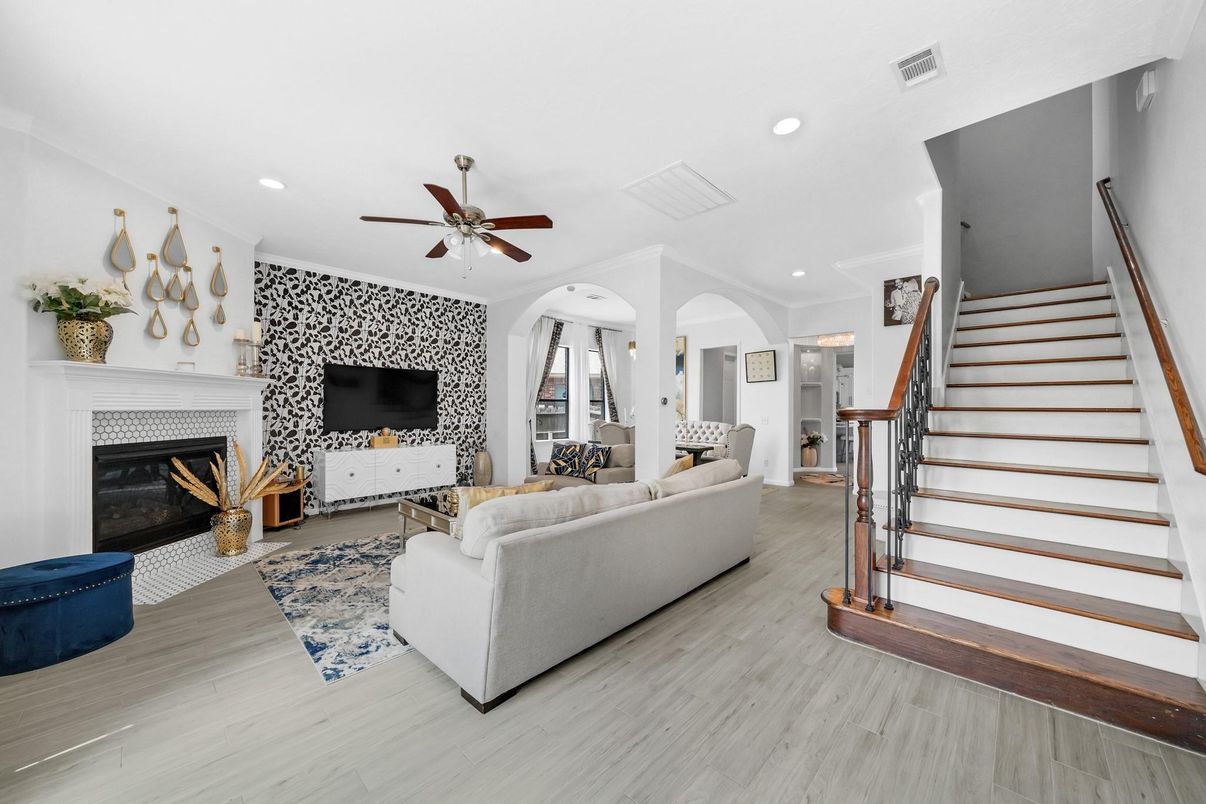 Fireplace, Interior, Living room, Recessed Lighting, Wood Texture Flooring