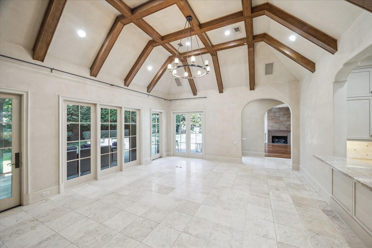 Empty room, Fireplace, Interior, Pendant Lights, Recessed Lighting, Wooden Beams