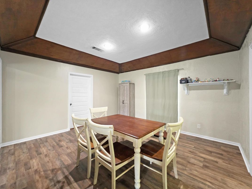 Dining room, Interior, Recessed Lighting, Wood Texture Flooring