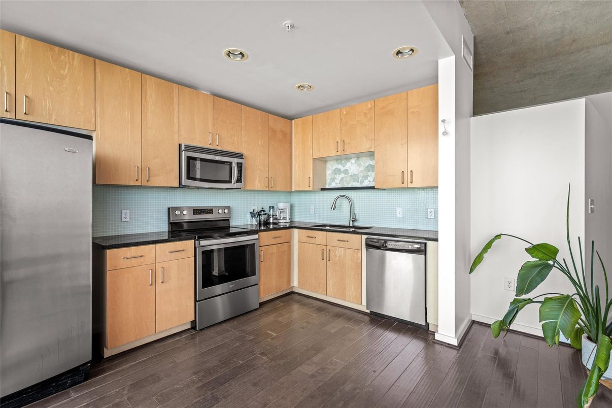 Interior, Kitchen, Recessed Lighting, Stainless Steel Appliances, Wood Texture Flooring