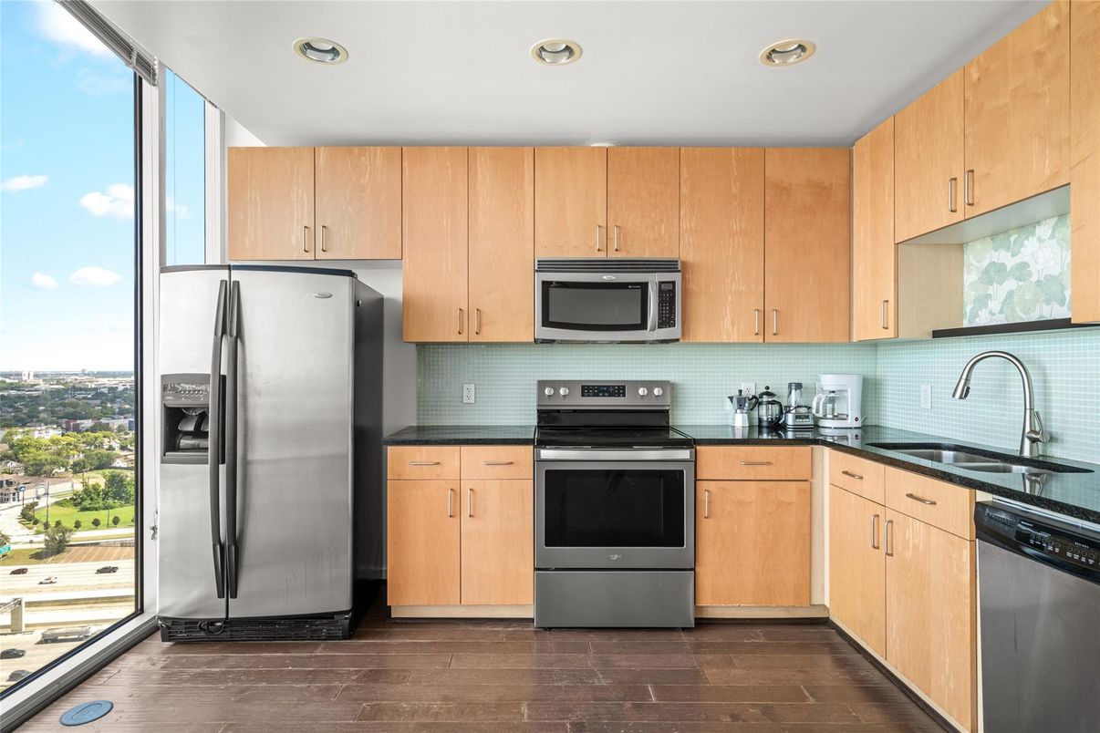 Interior, Kitchen, Recessed Lighting, Stainless Steel Appliances, Wood Texture Flooring